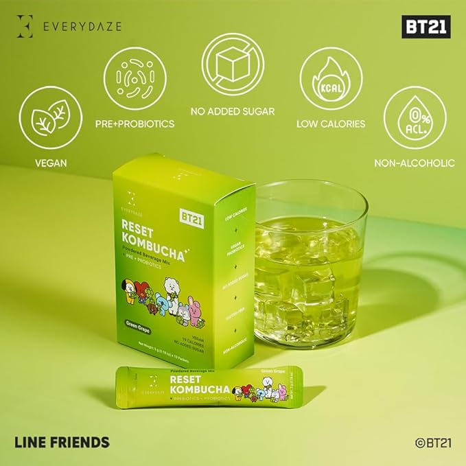 Everydaze BT21 Reset Kombucha Tea Powdered Beverage Mix | 10 Sticks | Prebiotics + Probiotics | Vegan | No Added Sugar, Gluten Free, Sparkling Powder Drink Pack (Green Grape) (Pack of 2)