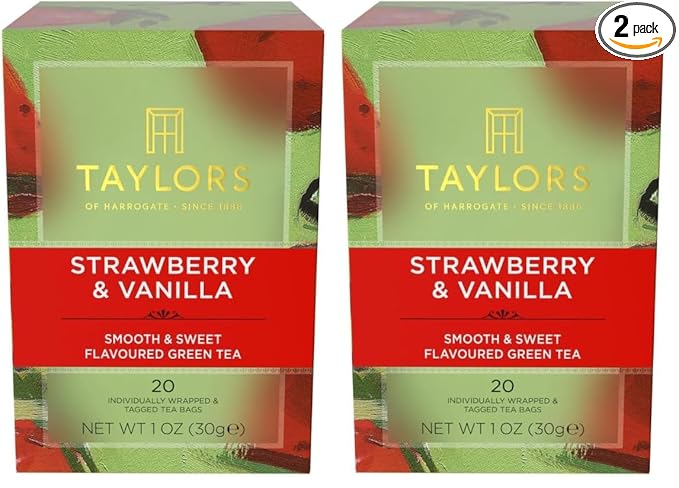 Taylors of Harrogate Strawberry & Vanilla, Green Tea, Individually Wrapped Bags, Smooth, Juicy and Sweet, Caffeinated, Enjoy Hot or Iced, 20 Count (Pack of 2)