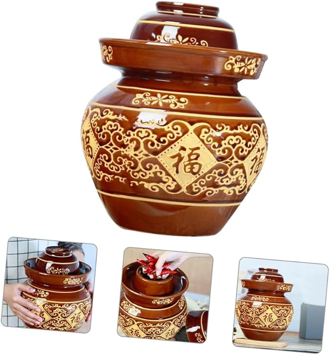 HEMOTON Glass Pitcher Pottery Fermenting Jar Chinese Pickle Jar Fermenting Crock with Water Seal Airlock Lid Jar Crock for Pickling Kimchi Sauerkraut Vegetables Brewing Wine Glass Containers