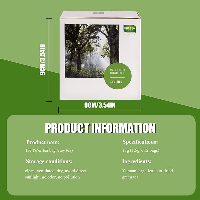 Organic Pu-erh Tea Bags, Raw (Uncooked) Chinese Yunnan Ancient Tree 2018 | 12 Individually Wrapped Tea Bags (1.5g Each) | Rich in Antioxidants, Natural Energy Boost | Daily Breakfast