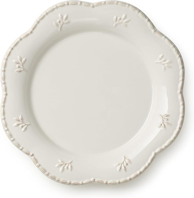Heritage Beads 11-Inch Stoneware Dinner Plates – Elegant Scalloped Rim Plates with Embossed Beading, Set of 4 – Timeless Off-White Plates for Dinner Parties, Holidays & Everyday Use