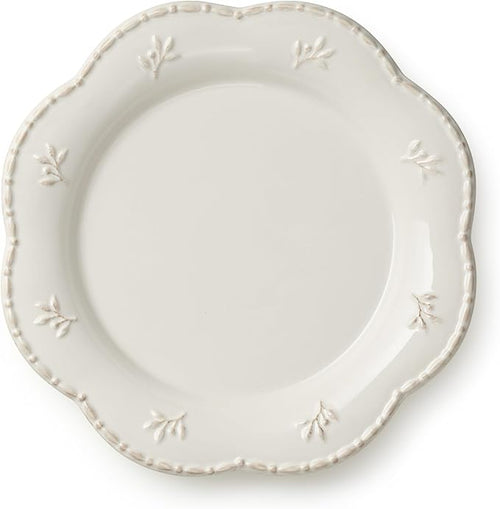 Heritage Beads 11-Inch Stoneware Dinner Plates – Elegant Scalloped Rim Plates with Embossed Beading, Set of 4 – Timeless Off-White Plates for Dinner Parties, Holidays & Everyday Use