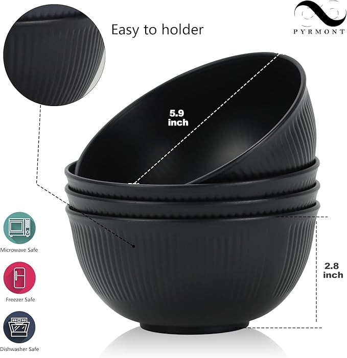 PYRMONT Unbreakable Cereal Bowl 26 OZ Alternative Plastic Bowls Reusable Wheat Straw Bowls Set of 8 Dishwasher & Microwave Safe Bowls for Kitchen,New Home Black Serving Bowls for Soup,Breakfast