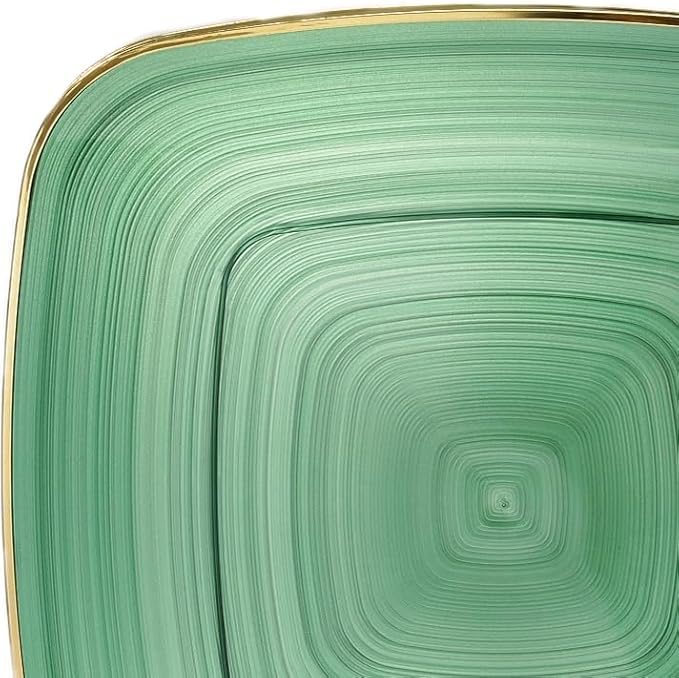 OCCASIONS 50 Green Disposable Plates (25 Guests) - Heavy Duty Square Plastic Dinnerware Set for Wedding Party, 25x10" Dinner + 25x7" Salad Dessert - Belize Square in Green & Gold