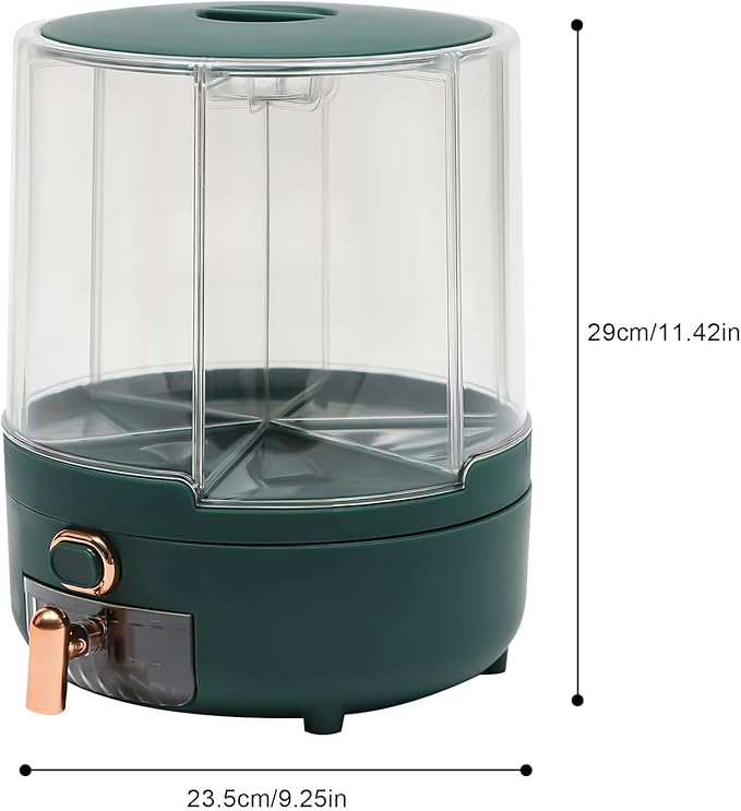Modern 6-Compartment Rotating Grain Dispenser, 360 Rotating Food Dispenser, One-Click Output, Rice Storage Container (Green 1.4kg)