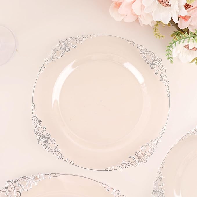 Efavormart 10 Pack | 8" Clear and Silver Baroque Dessert Plates, Leaf Embossed Metallic Rim Shatterproof Appetizer Plates for Modern Winter Galas