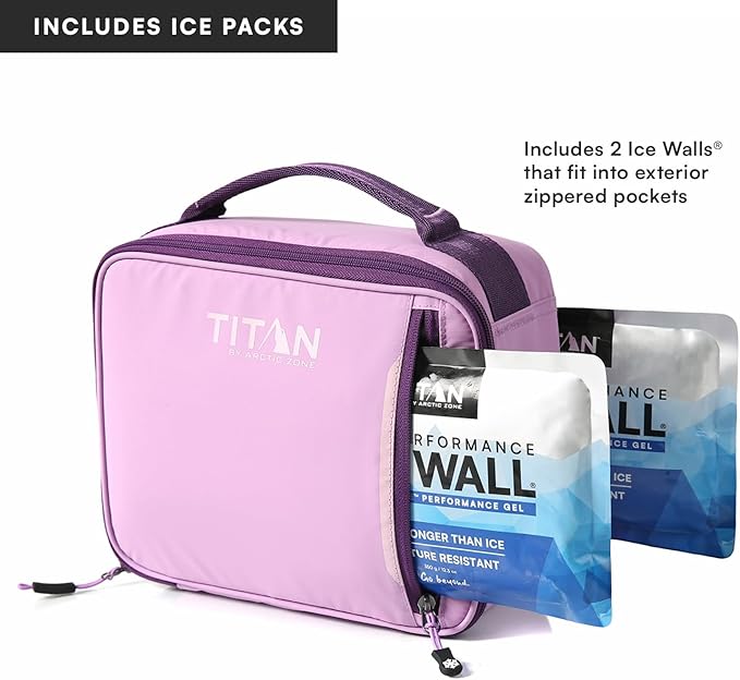 Titan by Arctic Zone Fridge Cold Lunch Box with 2 Gel Ice Packs, Small Insulated Cooler Bag with Leak Proof Lining for School and Work, Lavender