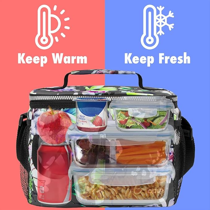 opux Insulated Lunch Box for Men Women Kids, Leakproof Reusable Lunch Bag Cooler for Work School Office, Soft Thermal Lunchbox Tote with Shoulder Strap for Boys Girls Adults, Floral Grey, 14 Can/8L