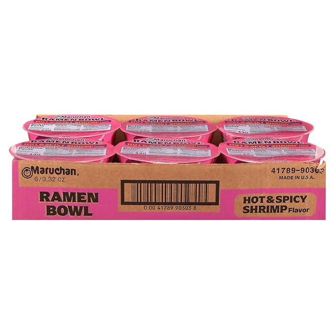 Maruchan Ramen Bowl, Hot & Spicy Shrimp Flavor – Japanese-Style Instant Noodle Soup, Microwaveable Easy Meal for Busy Families – 3.39 Oz. (6 Pack)