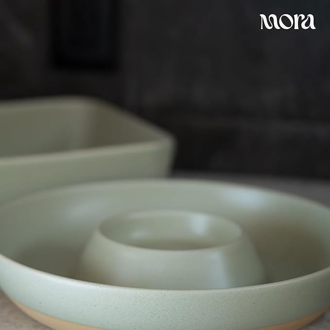 MORA Ceramic Chips and Dip Serving Tray: Large Divided Party Bowl Set for Chips & Salsa, Veggies & Dip, Fruit, Snacks, Entertaining, Hosting, etc. Minimalist Design for the Modern Hostess - Thyme