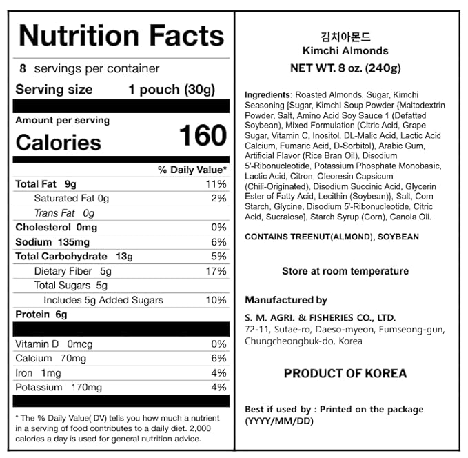 Korean Food Nuts Holic Kimchi Almond, Savory & Spicy Korean Seasoned Almond Snack, 8 Packs 8.5 oz (1.05 oz Each)