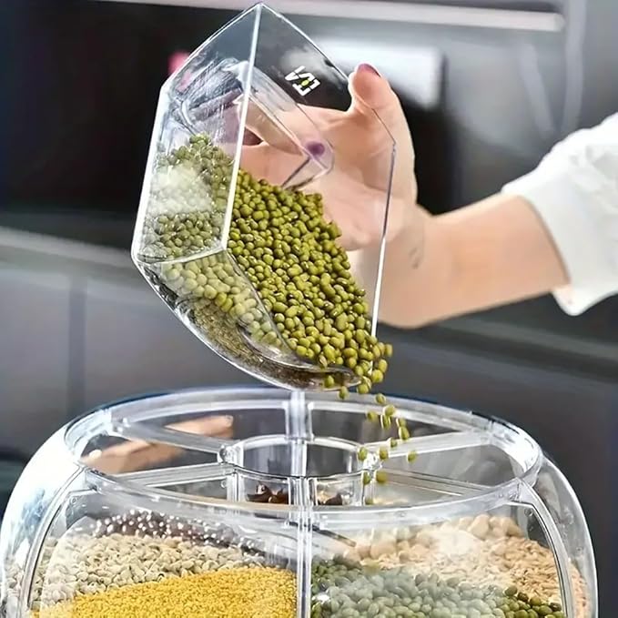 Rotating grain storage container,rice dispenser,6-compartment rice container, 360° rotating food dispenser One-Click Output rice Storage Round Grain Dispenser Kitchen for Grains, Beans, Rice.