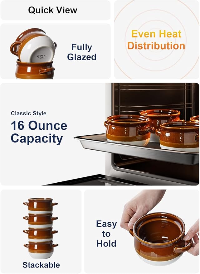 LE TAUCI French Onion Soup Bowls with Handles, 16 Oz Ceramic French Onion Soup Crocks Oven Safe Serving Bowls for Soup, Chili, Beef Stew, Cereal, Pot Pies, Set of 4