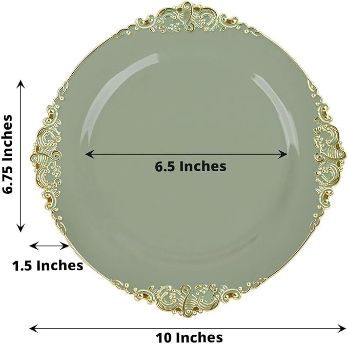 Efavormart 10 Pack | 10" Dusty Sage and Gold Baroque Dinner Plates, Leaf Embossed Metallic Rim Heavy Duty Serving Plates for Greenhouse Events
