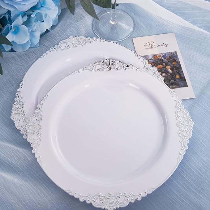 Hioasis 100pcs White Silver Plastic Plates for Party - 7.5" Dessert Plates Disposable, Heavy -duty, Classy and Elegant for Wedding