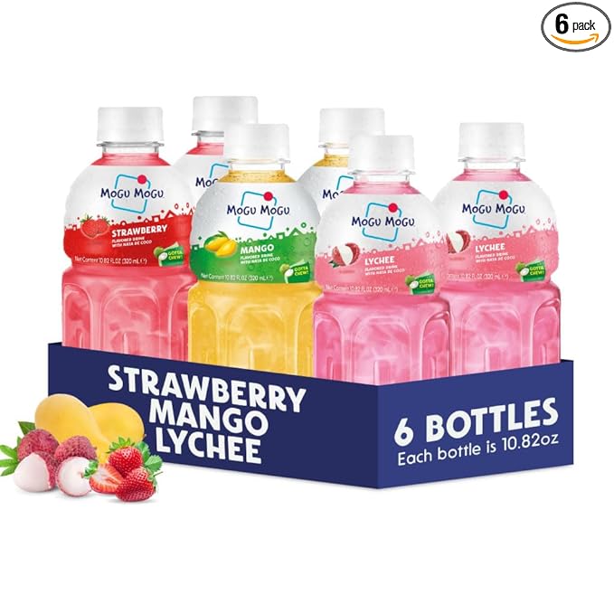 Mogu Mogu Variety Pack Juice Drink with Nata de Coco (Coconut Jelly) – Lychee, Strawberry & Mango, Chewy Fruit Beverage for Kids & Adults, 6 Pack Bottles, 10.82 fl oz Each