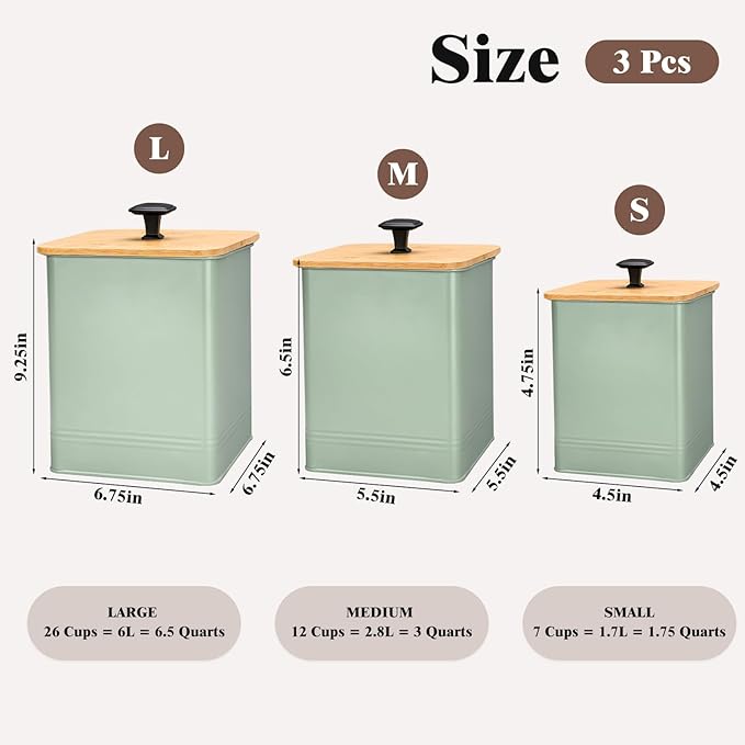 Kitchen Canisters Set of 3, Metal Flour Sugar Storage Containers with Airtight Lids-Canisters Sets for Kitchen with Customizable Chalkboard Labels & Marker Pen-Spice, Coffee Storage Jars(Saga Green)