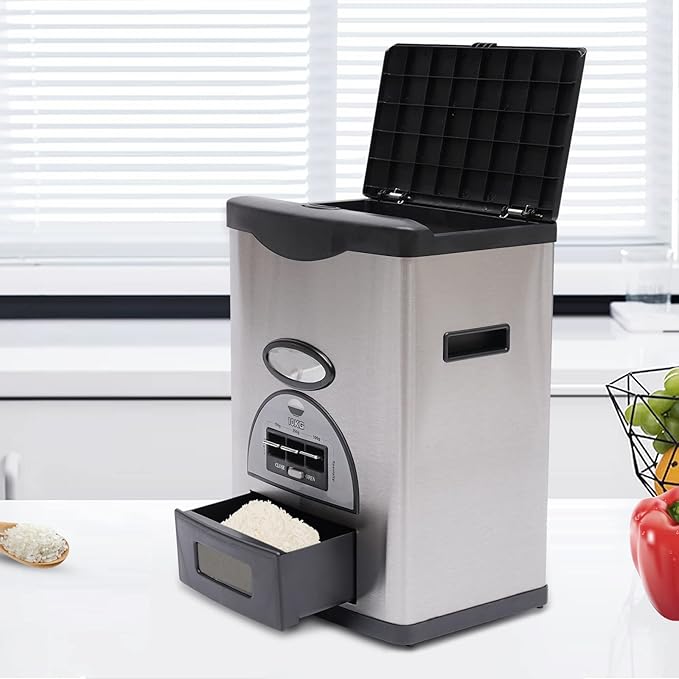 10Kg/22Lb Auto Rice Dispenser, Black Dispenser Three Gears Measuring Rice Storage Container Stainless Steel Rice Organization with Grains Tray Cone-Shaped Funnel Design