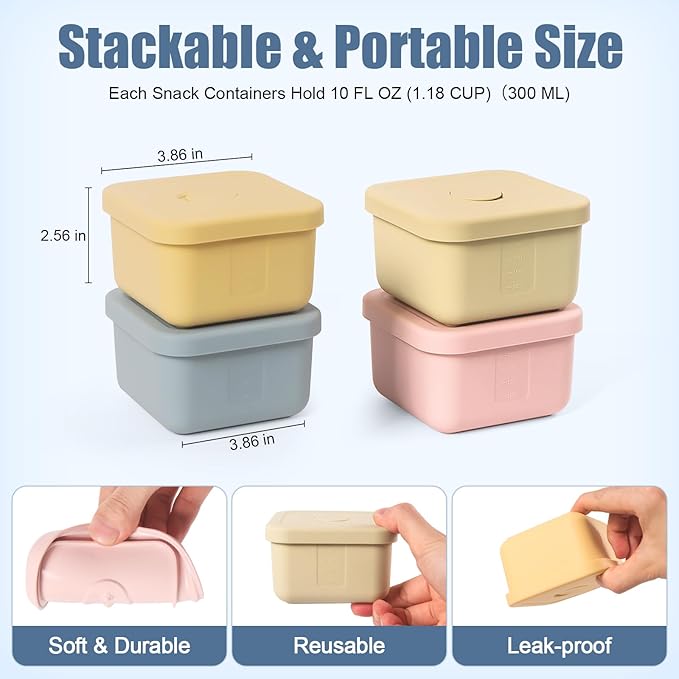 4 pcs 10 oz Silicone Snack Containers with Lids Silicone Food Storage Containers, Baby Snack Container Small Lunch Container for Kids, Daycare, School and Travel