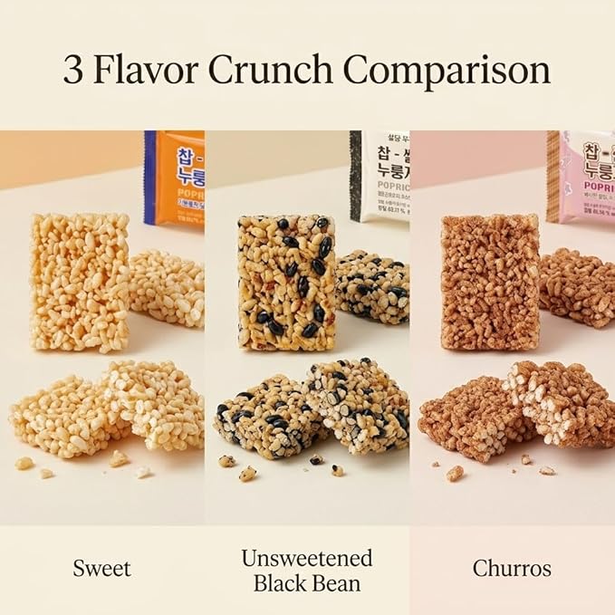 Korean Pop Rice Crackers Variety Pack (찹쌀누룽지 Mix Set) – 3 Flavor Sampler: Black Bean Unsweetened, Sweet Churro, & Original Sweet – Crispy Glutinous Rice Snack, ASMR Texture, Individually Packed (3-Flavor Variety Mix Nurungji Pop - 10.4oz (296g))