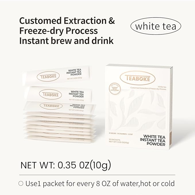 Instant White Tea Powder,Unsweetened White Tea Powder for Quick Hot & Cold Beverages,Classic - 100% Tea Leaves, No Additives,Caffeinated (10 Single Serve Packets)