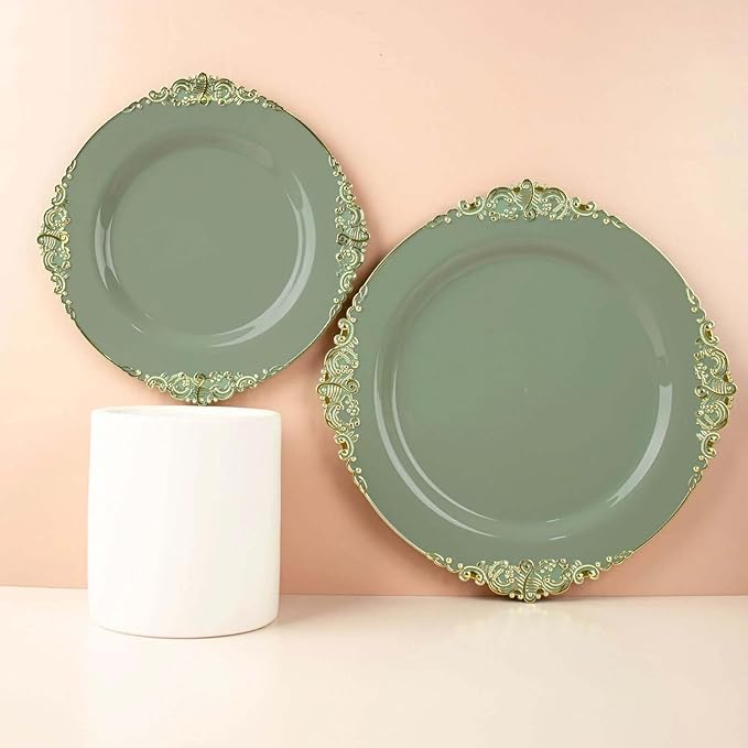 Efavormart 10 Pack | 10" Dusty Sage and Gold Baroque Dinner Plates, Leaf Embossed Metallic Rim Heavy Duty Serving Plates for Greenhouse Events