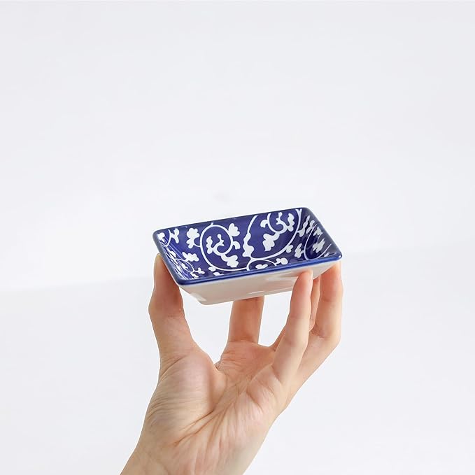 Selamica Ceramic Soy Sauce Dish, Rectangulal Side Dishes, 3.75 Inch Dipping Bowls for Sauce Ketchup Sushi Condiment Seasoning, Set of 6, Vintage Blue