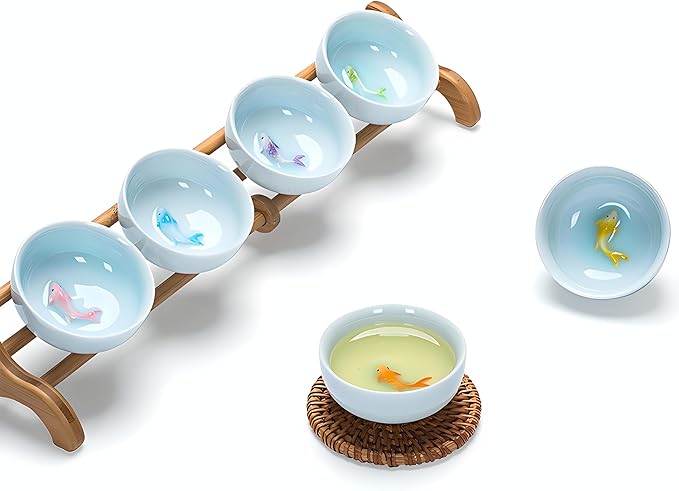 Yixing Handmade Celadon Colorful Koi Fish Teacup(Set of 6),Chinese Gongfu Tea Cup,Japanese Teacup, Korean Soju Shot Glasses Set (Koi Cups)