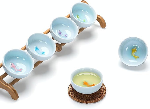 Yixing Handmade Celadon Colorful Koi Fish Teacup(Set of 6),Chinese Gongfu Tea Cup,Japanese Teacup, Korean Soju Shot Glasses Set (Koi Cups)