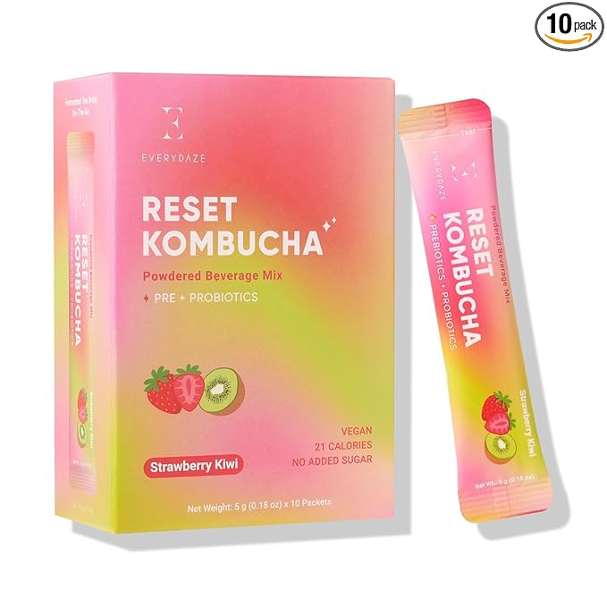 Everydaze Reset Kombucha Tea Powdered Beverage Mix | 10 Sticks | Prebiotics + Probiotics | Vegan | No Added Sugar, Gluten Free, Sparkling Powder Drink Pack (Strawberry Kiwi)