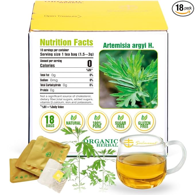 Soilmount - Chinese Mugwort Tea - |Artemisia Argyi|Ai Ye|艾葉|艾蒿| - Pure Herbal Tea - Natural, Organic, Non-GMO, Clean Ingredients, Caffeine Free (18 Tea Bags, Box 1)
