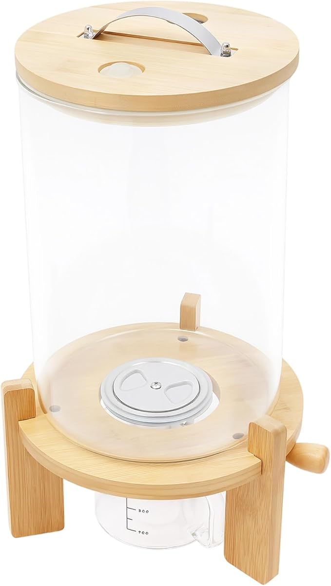 7.5L Glass Rice Dispenser, Cereal Container with Bamboo Stand, Large Airtight Food Storage Bin, Rice Organization Tank with Measuring Cup for Grain Coffee Beans Dry Food