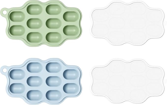 Baby Food Freezer Tray with Lid 2 Pack, Silicone Baby Food Storage Containers, Breastmilk Popsicle Mold, Small Ice Cube Tray for Homemade Baby Food（Blue/Green）
