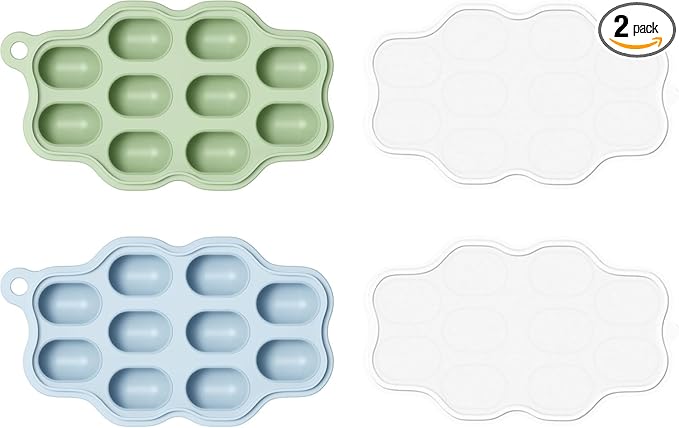 Baby Food Freezer Tray with Lid 2 Pack, Silicone Baby Food Storage Containers, Breastmilk Popsicle Mold, Small Ice Cube Tray for Homemade Baby Food（Blue/Green）