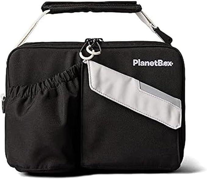 PlanetBox Insulated Lunch Bag – Black Currant Edition Carry Bag with Pockets for Water Bottle and Snacks – Durable, Easy to Clean, and BPA Free