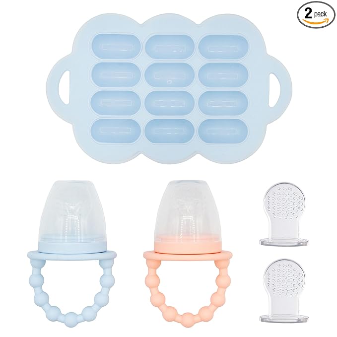 WeeSprout Silicone Baby Food Feeders + Freezer Tray for Batch Prep, Set of 2, Introduce New Foods Safely, Double as Teething Toys, Includes 2 Extra Pouches & Travel Lids, Dishwasher Safe