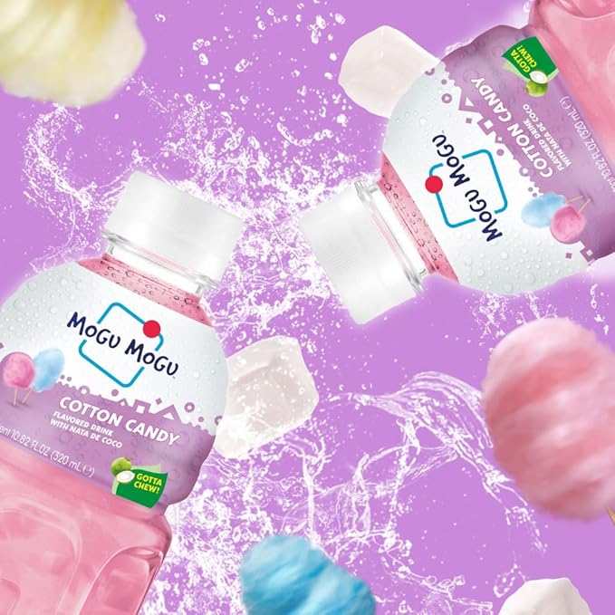 Mogu Mogu Drink Cotton Candy (6 Bottles) Delicious drinks made with nata de coco (coconut jelly). Fun chewable juice boxes for kids. Famous Asian drinks. Juice bottles made for adults and kids. Ready to drink