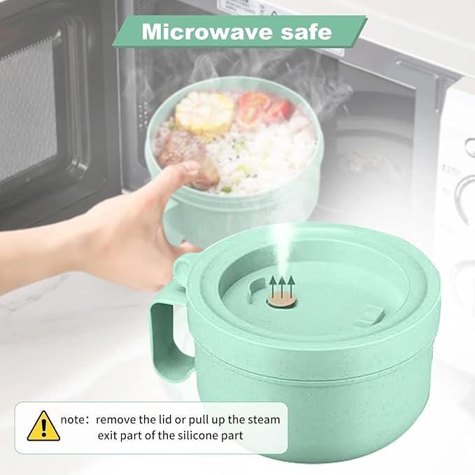 Rarapop 2 Pack Microwave Soup Bowl Containers with Lids, 28.7oz Wheat Straw Ramen Noodles Cup Mug for Instant Noodles,Oatmeal, Gumbo, Salad,Crunch,Cereal & More, Easy-Grip Design(Beige,Green)