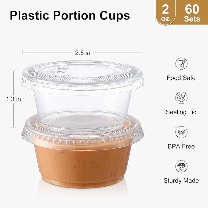 AOZITA 60 Sets - 2 oz Jello Shot Cups, Portion Cups With Lids, Small Plastic Containers with Lids, Airtight and Stackable Souffle Cups