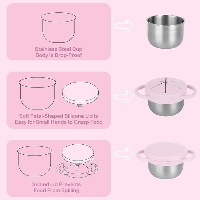 Daximo 2 Pack Snack Cups for Toddlers Spill Proof - Detachable Stainless Steel Toddler Snack Cups with Silicone Lids & Handles - Dishwasher Safe Baby Snack Containers (Light blue and Light pink)