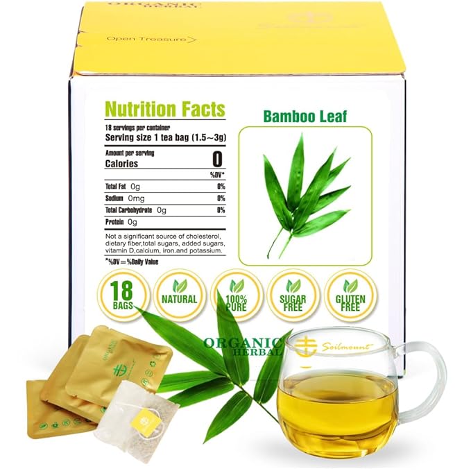 Soilmount - Bamboo Leaf Tea - |DanZhuYe|淡竹叶|댓잎| - Pure Herbal Tea - Natural, Organic, Non-GMO, Clean Ingredients, Caffeine Free (18 Tea Bags, Box 1)