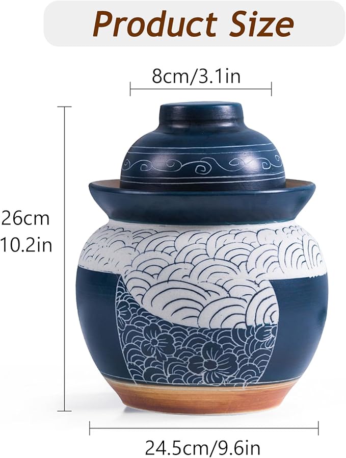Traditional Chinese Porcelain Pickle Jar, Ceramic Fermenting Jar with Water Seal Airlock Lid, Turnip Kimchi Sauerkraut Fermentation Crock Pickling Pot(5kg, Blue)