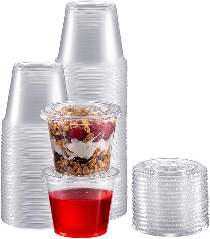 Zeml Portion Cups with Lids (5.5 Ounces, 100 Pack) | Disposable Plastic Cups for Meal Prep, Portion Control, Salad Dressing, & Medicine | Small Plastic Condiment Container