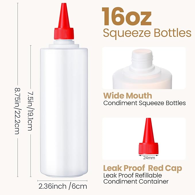 Irenare 30 Pack Plastic Condiment Squeeze Bottles for Sauces Empty Squirt Bottle with Top Cap for Condiment BBQ, Dressing, Paint, Workshop, Crafts(Classic,16 oz)