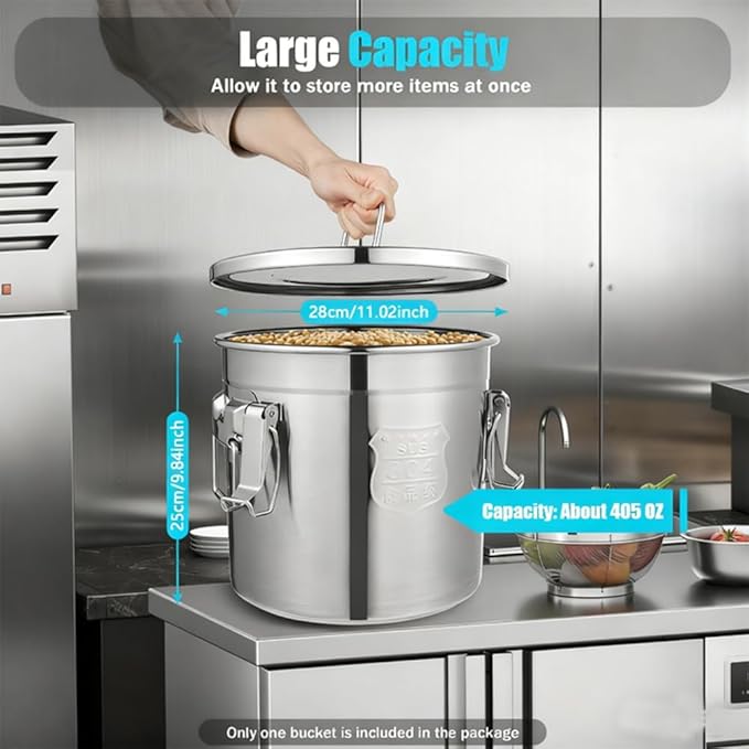 12L/3.2 Gal Stainless Steel Airtight Food Storage Canister, 304 Stainless Steel Storage Bucket with Lid & Handles, Leakproof Rice Grain Container, Sugar, Flour Storage Bin for Kitchen, Restaurant