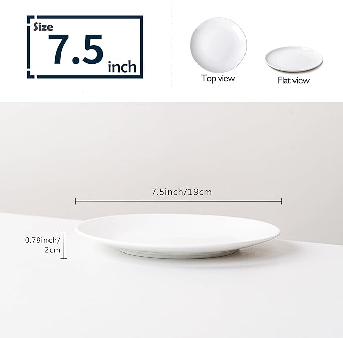 White Salad Plates Set of 6, 7.5 Inch Ceramic Plates – White Porcelain Appetizer & Dessert Plates for Kitchen, Salad, Snack & Everyday Use, Microwave & Dishwasher Safe,19Cm