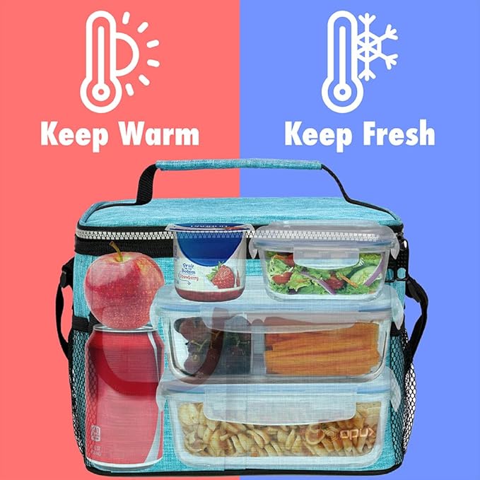 opux Insulated Lunch Box for Men Women Kids, Leakproof Reusable Lunch Bag Cooler for Work School Office, Soft Thermal Lunchbox Tote Shoulder Strap for Boys Girls Adults, Heather Sea Blue, 14 Can/8L