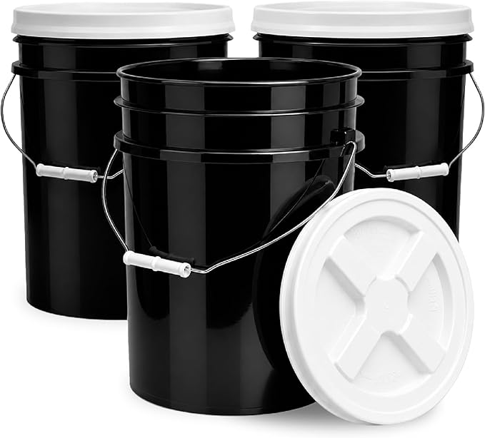 ePackageSupply 5 Gallon Bucket - Food Grade Bucket with Airtight Gamma Seal Screw-On Lid, BPA-Free, Heavy-Duty 90 Mil HDPE Plastic, Bulk Storage, Durable Container, Made in USA, Black/White, 3 Packs