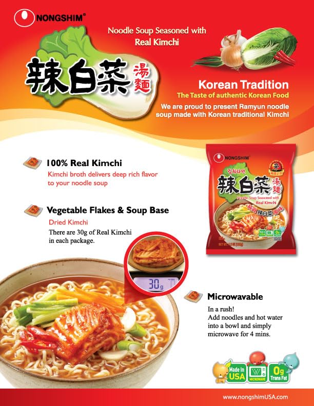 Nongshim Ramen Noodles, Gourmet Instant Ramen, Premium Microwavable Noodle Soup, Kimchi, 4.2 Ounce, (Pack of 32)