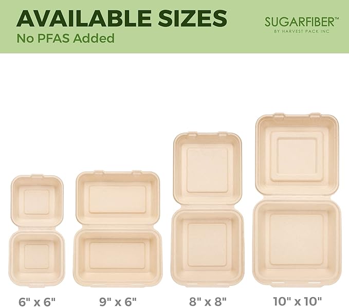 [50 COUNT]Harvest Pack 6 X 6" Compostable Clamshell Take Out Food Containers, PFAS FREE Square To go Containers with Lids, Heavy-Duty Disposable Bagasse Bento Cake Box, Eco-Friendly Sugarcane Fibers
